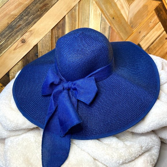 Accessories - Blue Wide Brimmed Straw Hat w/ Bow